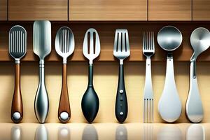 a collection of utensils are lined up on a shelf. AI-Generated photo