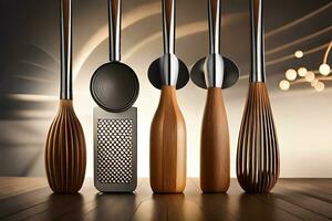 a group of wooden utensils with a grater and a spatula. AI-Generated photo