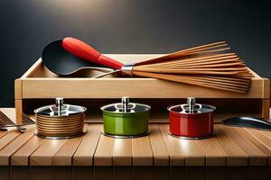 a wooden box with utensils and a wooden spoon. AI-Generated photo