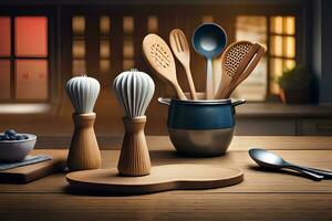 a wooden table with utensils and spoons. AI-Generated photo