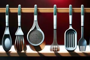 a row of utensils hanging on a shelf. AI-Generated photo