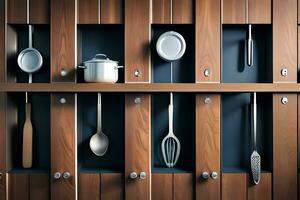 kitchen utensils on wooden shelves. AI-Generated photo