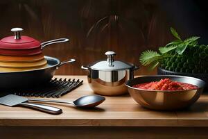 a wooden table with a variety of pots and pans. AI-Generated photo