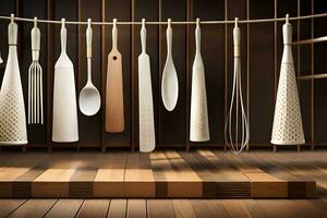 a group of utensils hang on a line in a room. AI-Generated photo