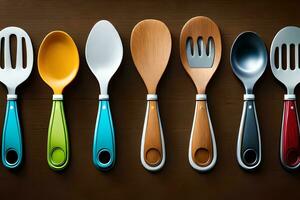 a group of colorful utensils on a wooden surface. AI-Generated photo