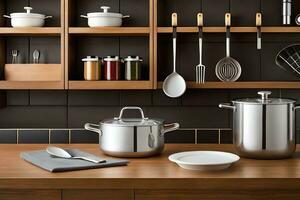 a kitchen with stainless steel pots and pans on a shelf. AI-Generated photo