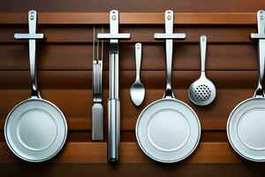 a set of utensils and spoons on a wooden wall. AI-Generated photo