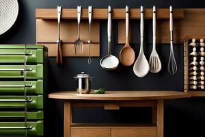 a kitchen with utensils and a wooden shelf. AI-Generated photo