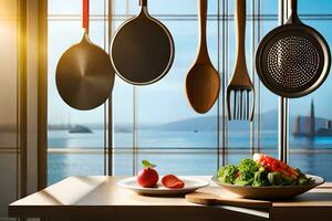 a kitchen with pots and pans hanging from the ceiling. AI-Generated photo