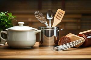 cocina utensilios en un de madera mesa. generado por ai foto