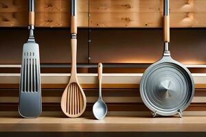 un cocina utensilio estante con un cacerola, espátula y cuchara. generado por ai foto