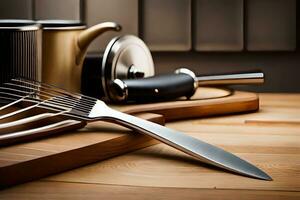 un cuchillo, tenedor y cuchara sentado en un corte tablero. generado por ai foto