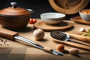 a wooden table with utensils and food. AI-Generated photo