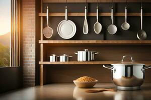 kitchen utensils on wooden shelves with a view of the sun. AI-Generated photo