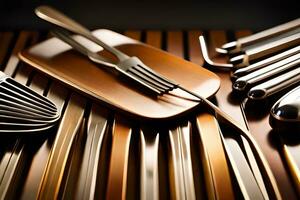 a collection of silverware and forks on a wooden table. AI-Generated photo