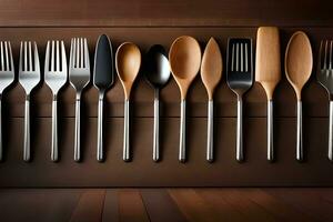 a group of different utensils are lined up on a table. AI-Generated photo