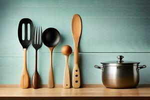 a group of utensils and a pot on a table. AI-Generated photo