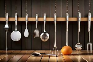 a set of kitchen utensils hanging on a wooden shelf. AI-Generated photo