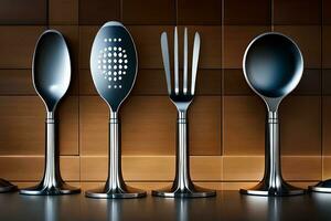 a row of silver spoons and forks. AI-Generated photo
