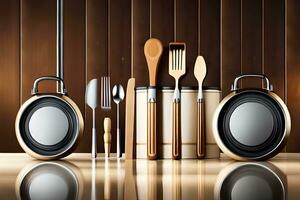 kitchen utensils on wooden table with reflection. AI-Generated photo