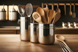 kitchen utensils in stainless steel containers on a wooden table. AI-Generated photo