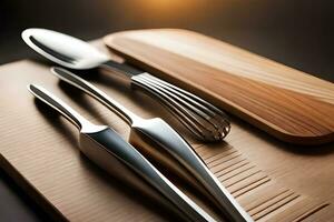 a knife, fork and spoon on a cutting board. AI-Generated photo