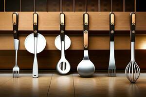 a group of utensils are lined up on a shelf. AI-Generated photo