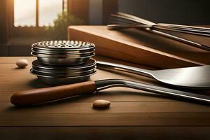 a wooden table with a knife, spatula and other utensils. AI-Generated photo