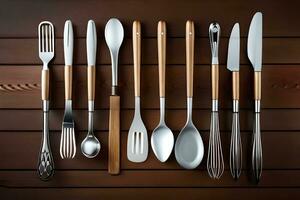 un colección de cocina utensilios en un de madera mesa. generado por ai foto