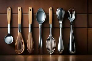 a group of different utensils are lined up on a wooden surface. AI-Generated photo