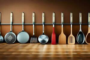 a row of kitchen utensils are lined up on a wall. AI-Generated photo