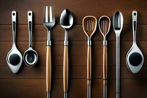 a collection of utensils on a wooden table. AI-Generated photo