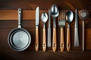 a collection of utensils on a wooden table. AI-Generated photo