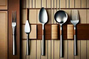 a group of four forks and spoons on a wooden surface. AI-Generated photo