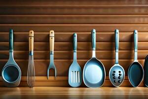 a row of kitchen utensils are lined up against a wall. AI-Generated photo