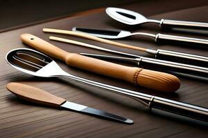 a group of kitchen utensils on a table. AI-Generated photo