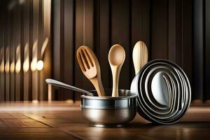 a set of wooden utensils in a bowl. AI-Generated photo