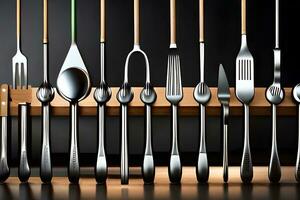 a collection of silverware and forks on a wooden shelf. AI-Generated photo