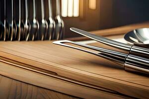 a set of silverware on a wooden table. AI-Generated photo