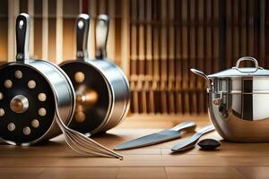 un cocina utensilio conjunto en un de madera mesa. generado por ai foto