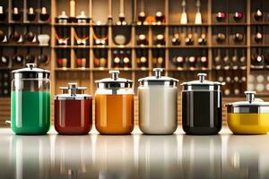 a row of colorful jars lined up on a counter. AI-Generated photo