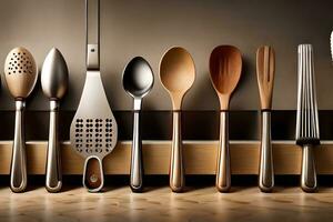 a row of different utensils are lined up on a shelf. AI-Generated photo
