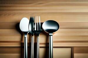 four silverware on a wooden table. AI-Generated photo