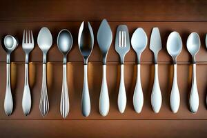 a collection of silverware on a wooden surface. AI-Generated photo