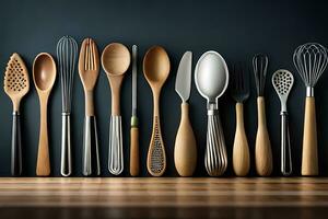 a row of wooden utensils against a dark background. AI-Generated photo