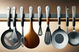 a group of kitchen utensils hanging on a rack. AI-Generated photo
