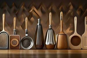 a row of wooden utensils and spoons. AI-Generated photo