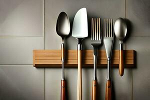 a group of utensils are on a wooden shelf. AI-Generated photo