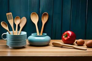 wooden utensils on a wooden table. AI-Generated photo