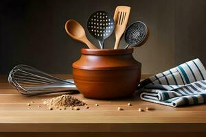 a wooden pot with a wooden spoon, whisk and other utensils. AI-Generated photo